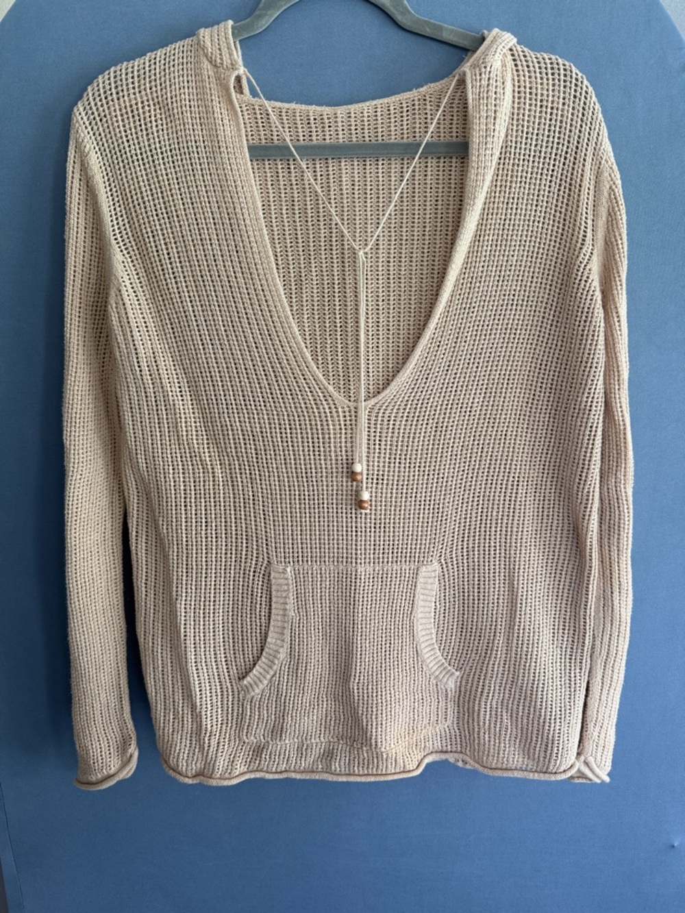 Light Beige Knit V-Neck Hooded Sweater